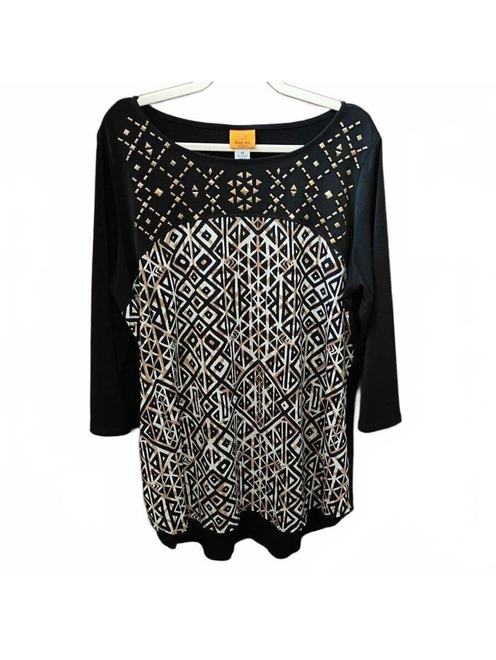 Ruby Rd. Woman Black and Gold Geometric Patterned 3/4 Sleeve Top Size 1X